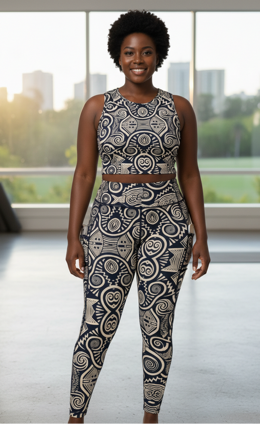 Woman wearing a patterned yoga outfit standing in a room with large windows.