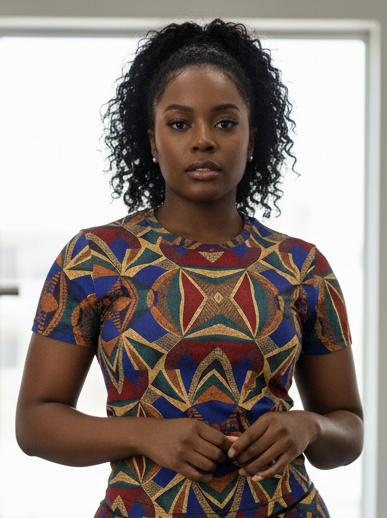 Woman in a colorful patterned romper standing in a gym.