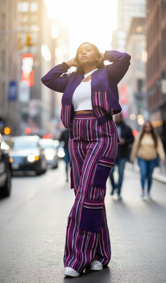 Person wearing a purple striped aso oke streetwear
on a city street