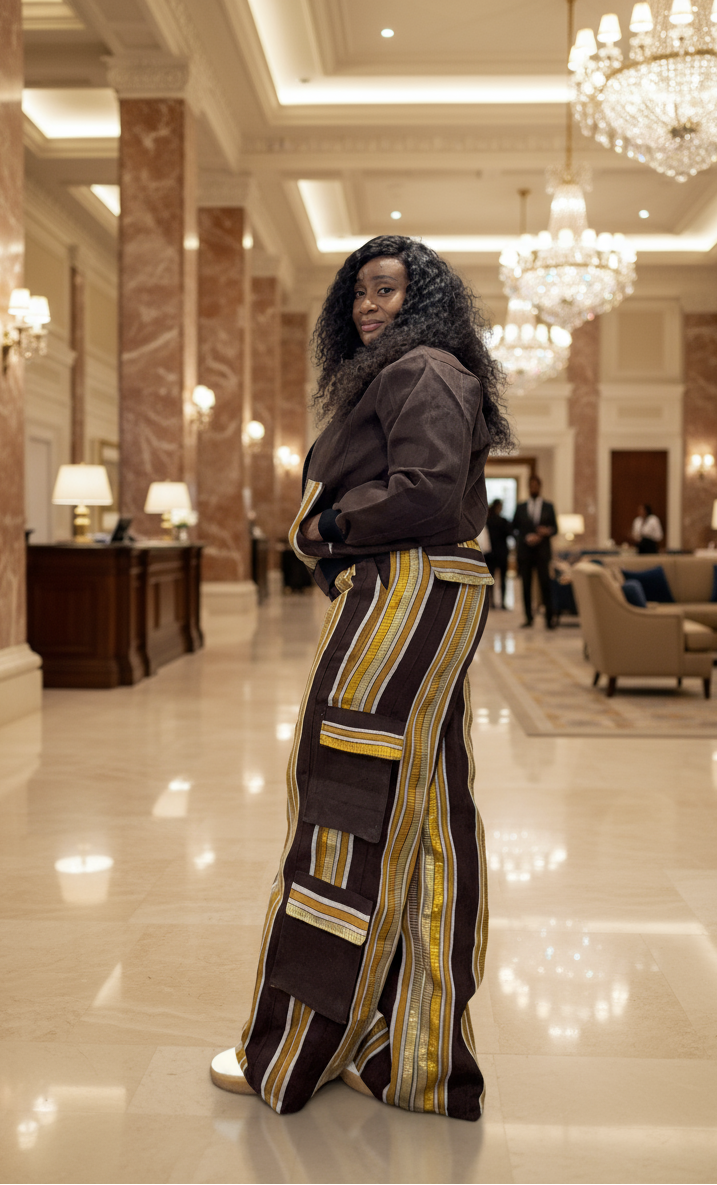 Woman in a stylish outfit standing in a luxurious lobby with chandeliers and marble walls.