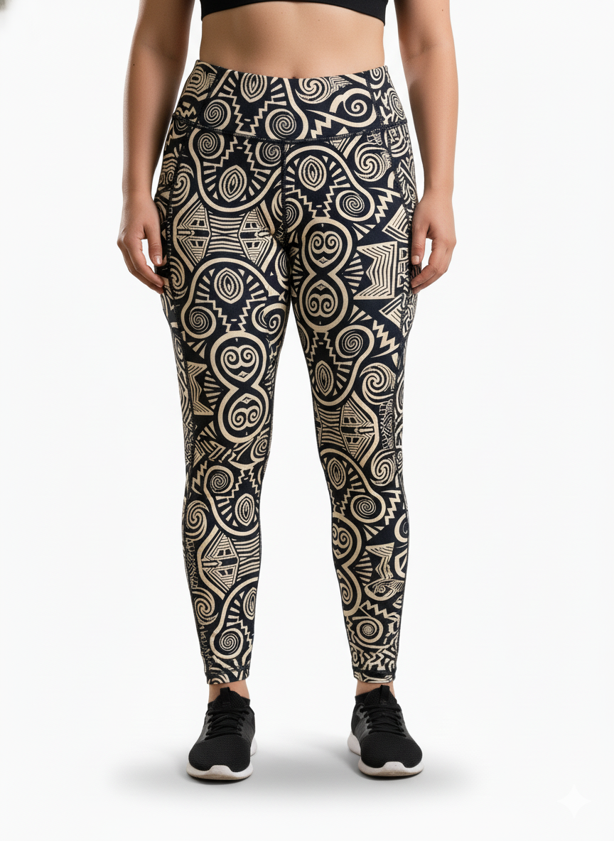 Person wearing black and beige patterned leggings on a white background