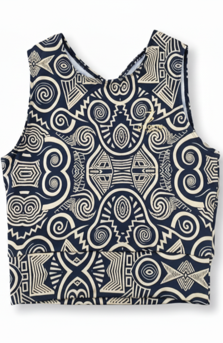 Black tank top with white geometric pattern on a white background