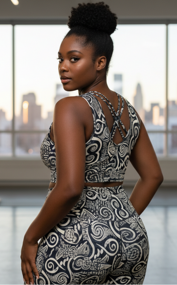 Woman in a patterned yoga standing in a room with large windows showing a cityscape.