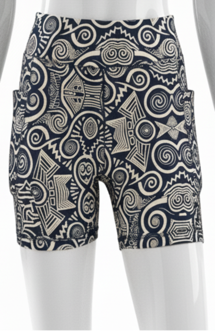 Black and beige geometric patterned ankara  yoga shorts with on a white background