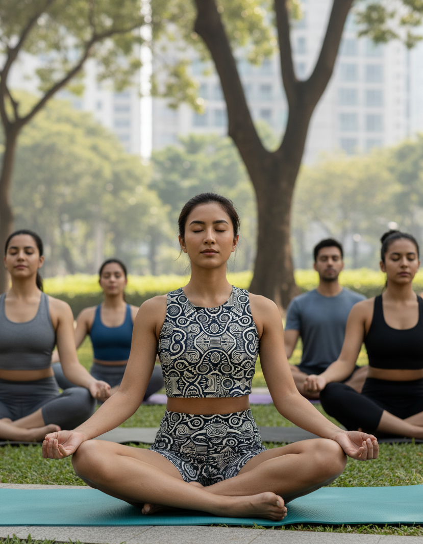 Group of people practicing yoga in a park with trees and buildings in the background