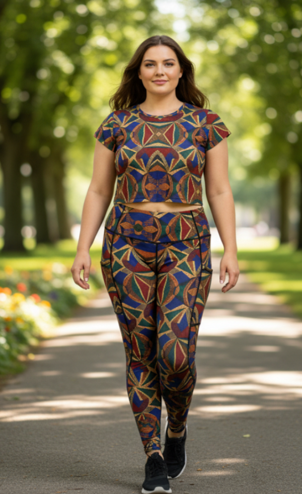 Woman in a colorful patterned outfit walking in a park.