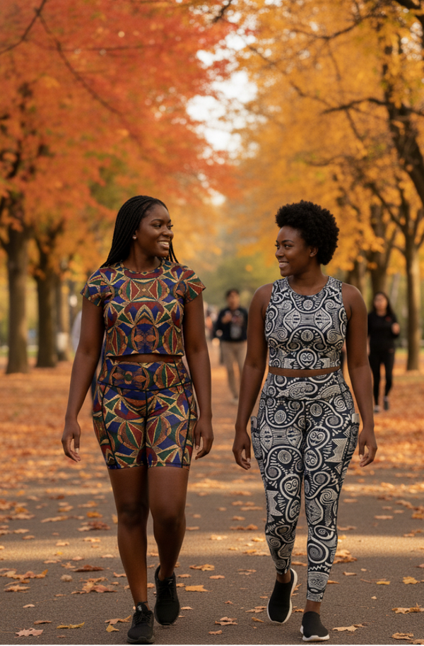 Two women wearing ankara active wears walking on a path lined with trees