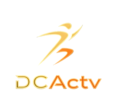 Logo of DCActv with a stylized figure and glowing text on a black background