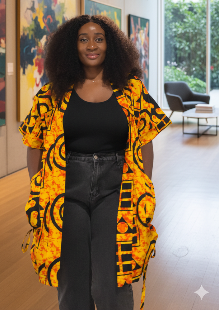 Woman wearing a bright yellow patterned ankara kimono jacket in an art gallery setting