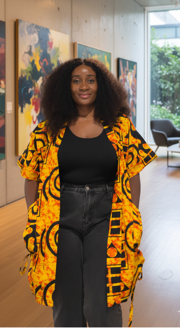 Woman wearing a bright yellow patterned ankara kimononjacket in an art gallery setting