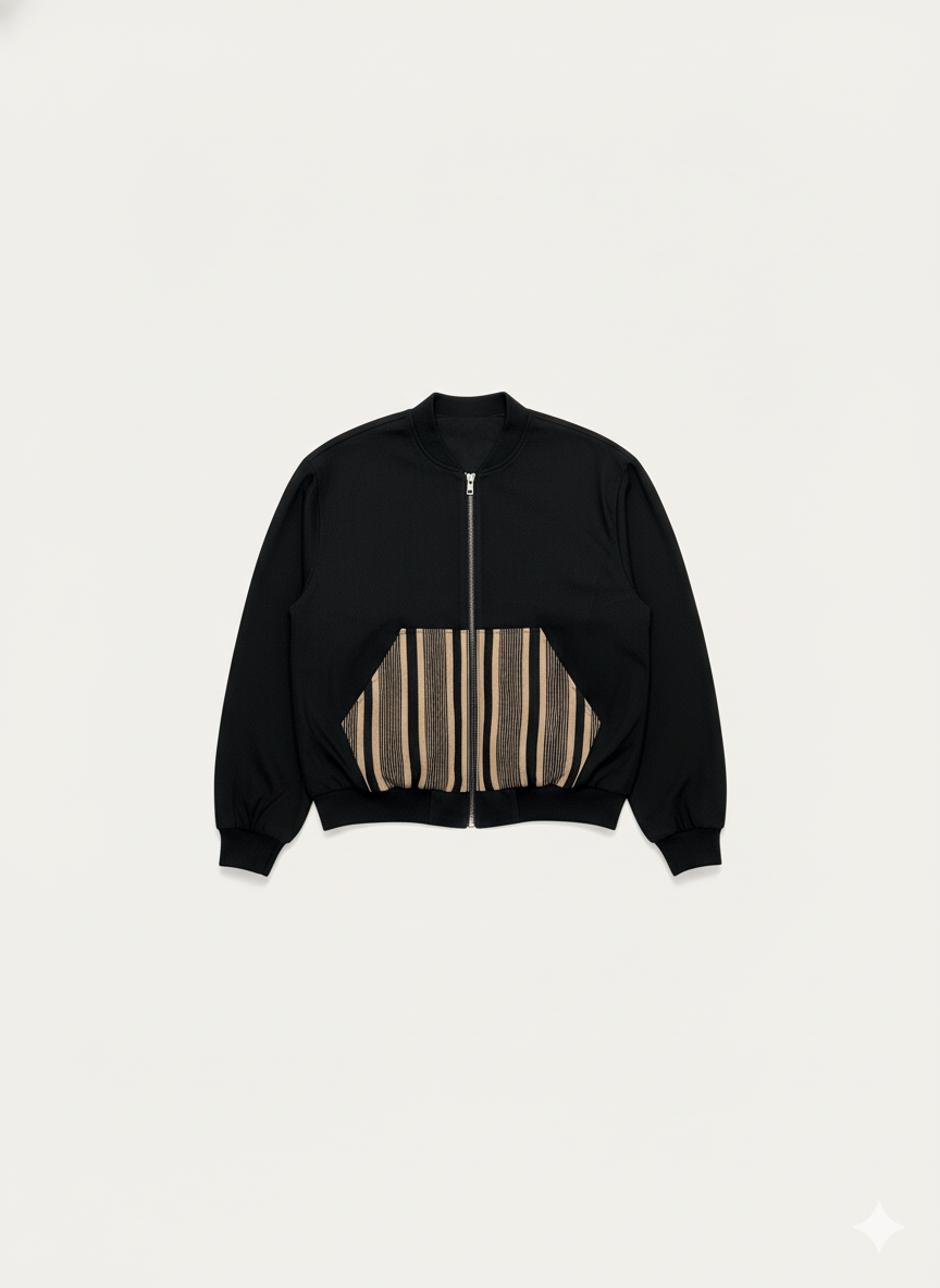 Black aso oke bomber jacket with a striped pattern on a white background