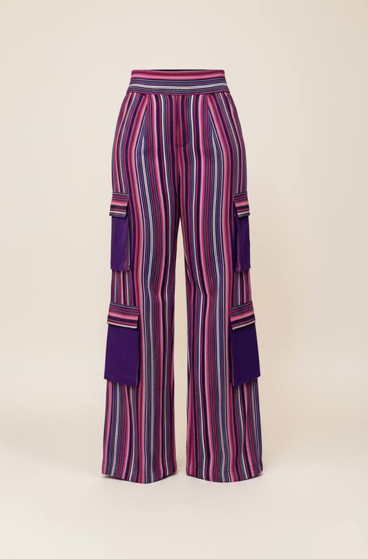Striped pants with purple and pink pattern on a beige background