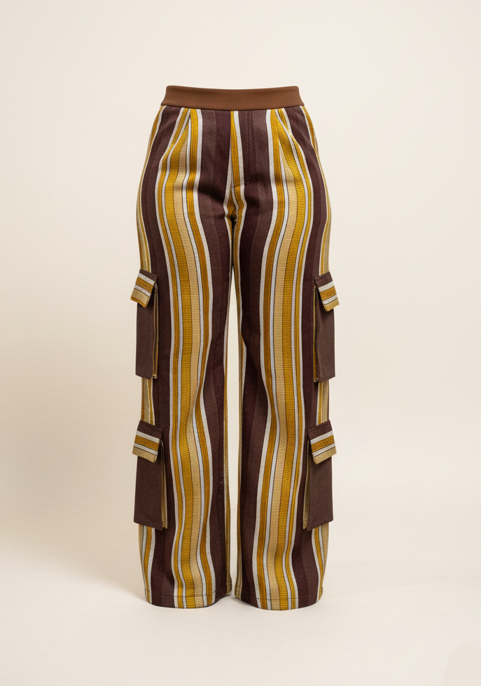 Brown and yellow striped pants on a beige background