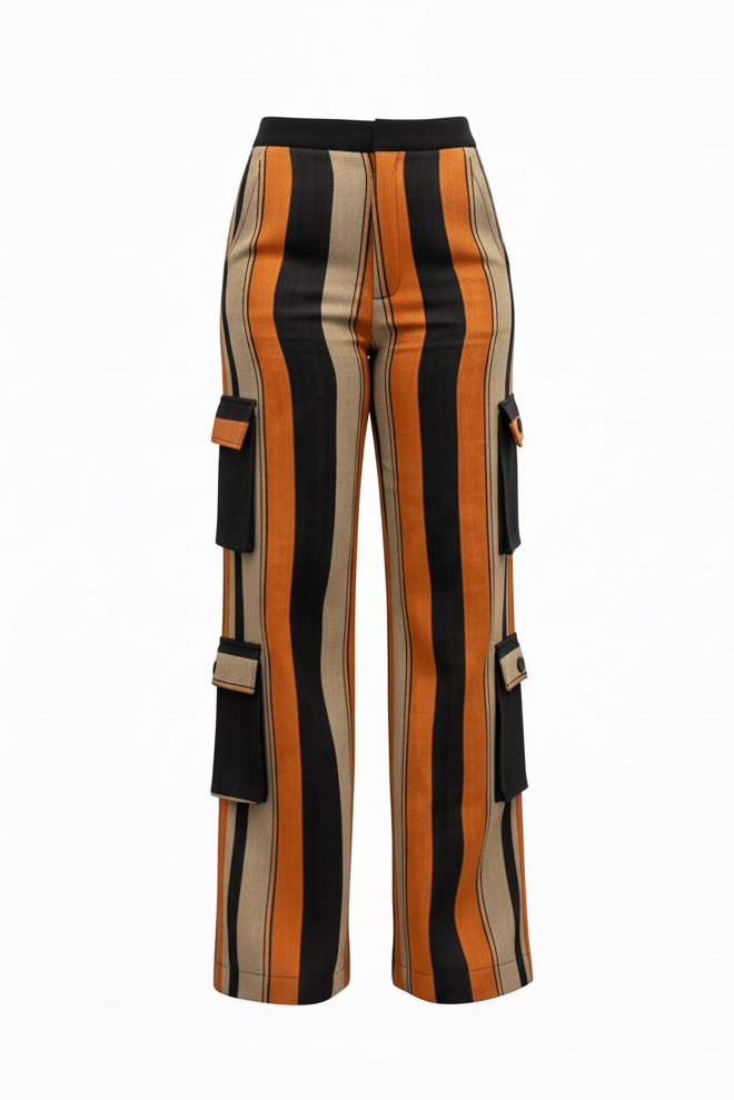 Striped pants with cargo pockets on a white background