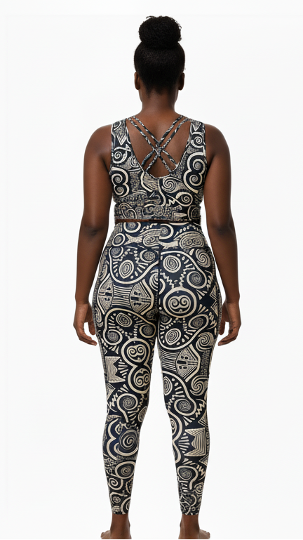 Person wearing a patterned jumpsuit on a white background