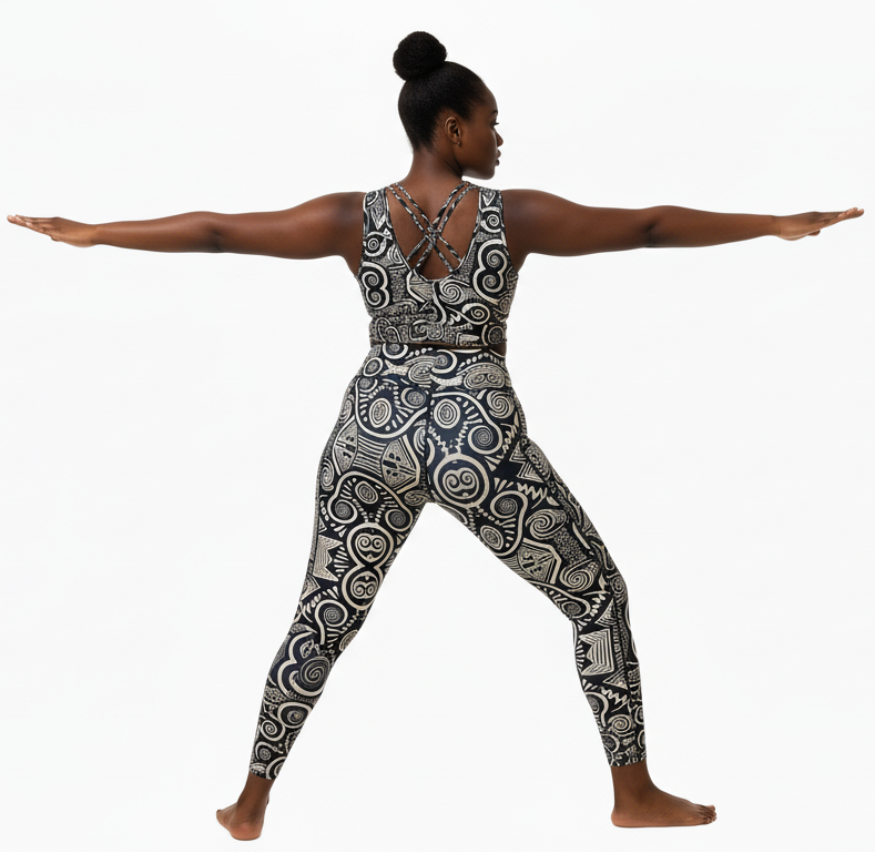 Person wearing ankara patterned activewear on a white background