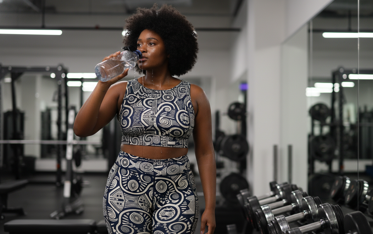 Woman in patterned athletic wear drinking water in a gym setting