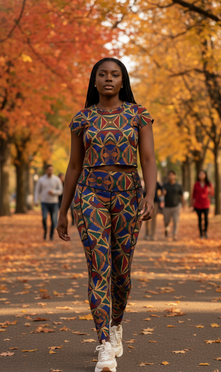 Woman in a colorful ankara patterned active wear walking on a path with autumn trees.