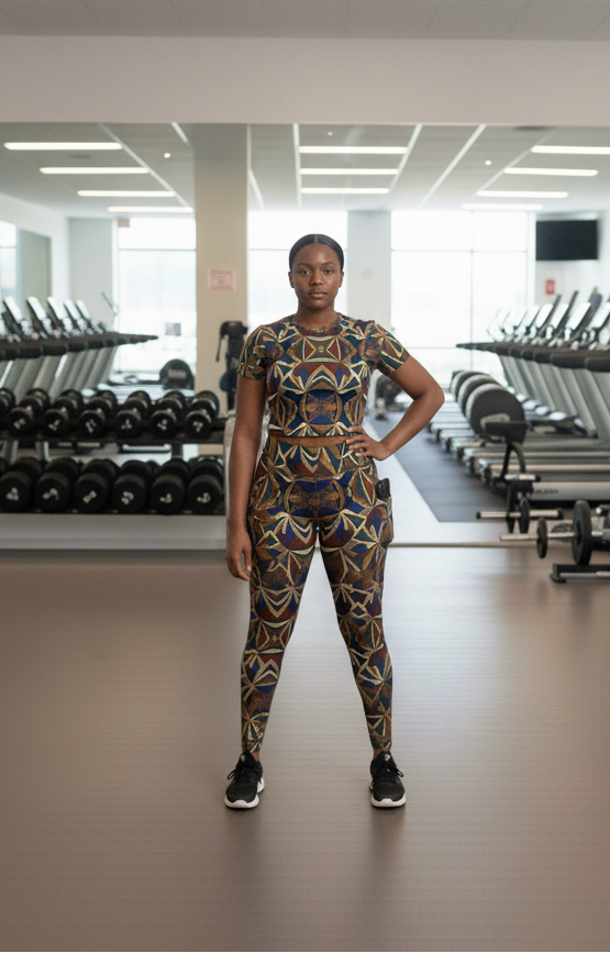 Person standing in a gym wearing ankara print active wear