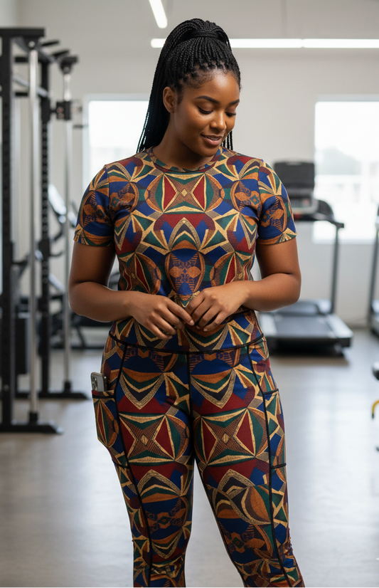 Woman wearing a colorful ankara patterned gym outfit in a gym setting