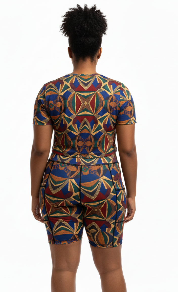 Person wearing a colorful geometric ankara patterned outfit on a white background