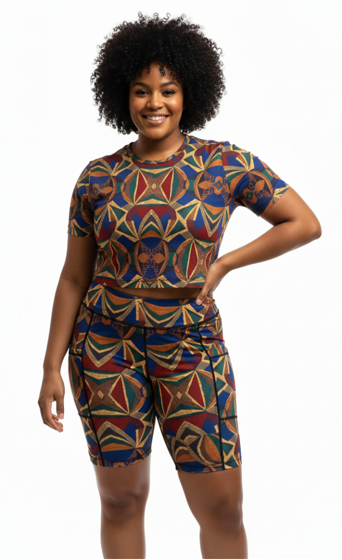 Woman wearing a colorful ankara patterned outfit on a white background