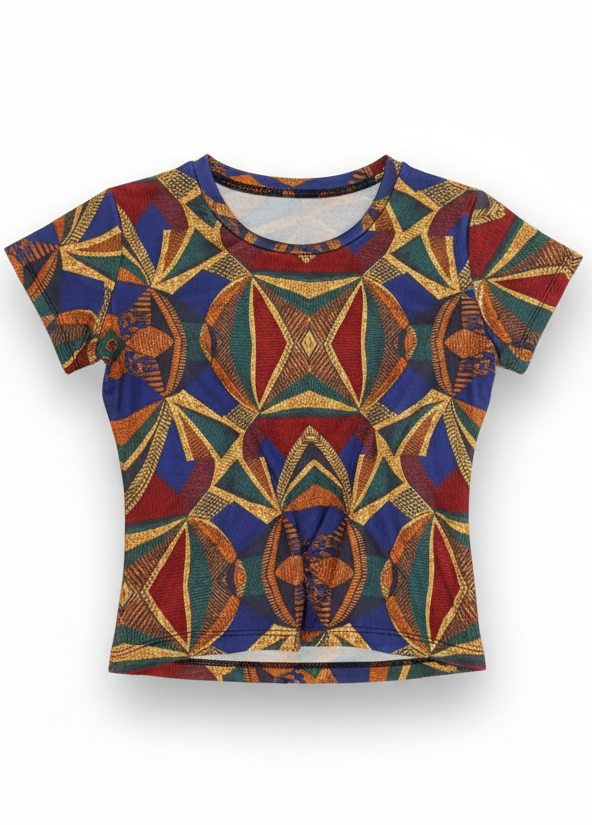 Colorful Ankara top with geometric pattern on a white background