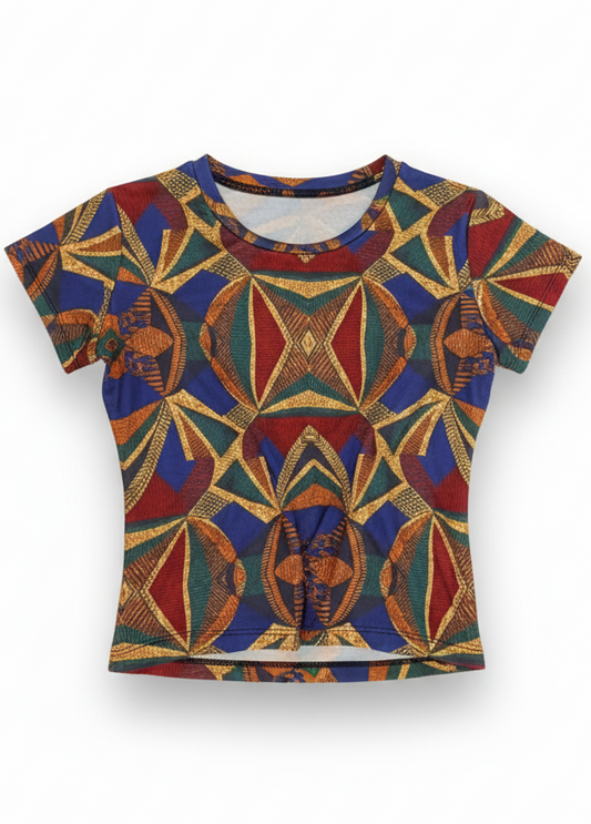 Colorful Ankara top with geometric pattern on a white background