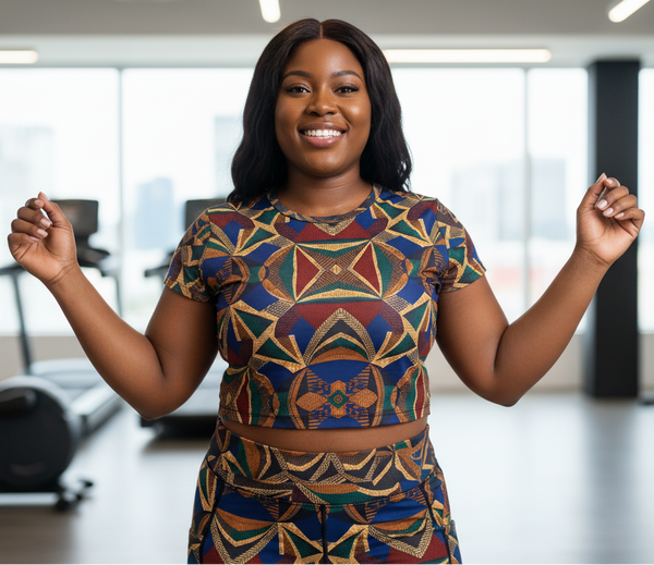 Woman wearing a colorful ankara patterned outfit in an indoor setting