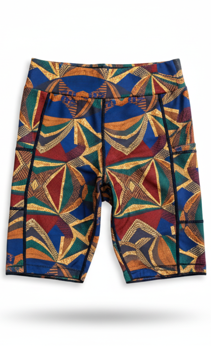 Colorful ankara patterned shorts on a white background
