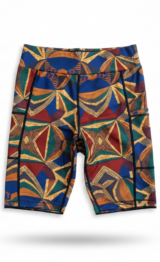 Colorful ankara patterned shorts on a white background