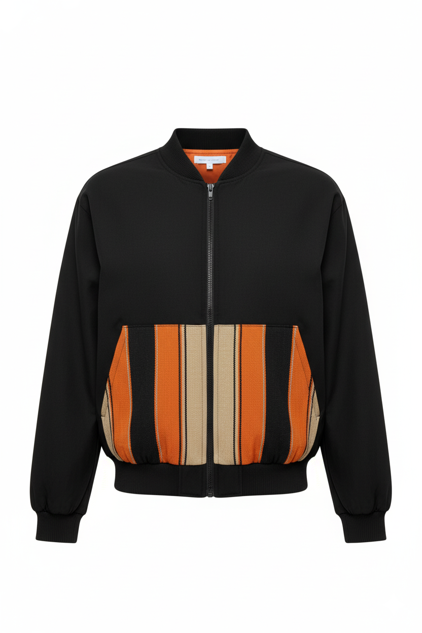 Black aso oke bomber jacket with orange and beige striped pattern on a white background