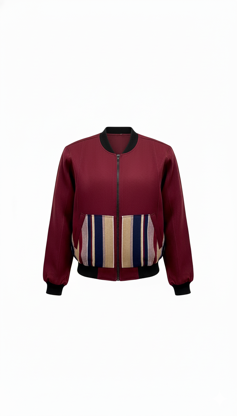 Maroon aso oke bomber jacket with a colorful striped pattern on a white background