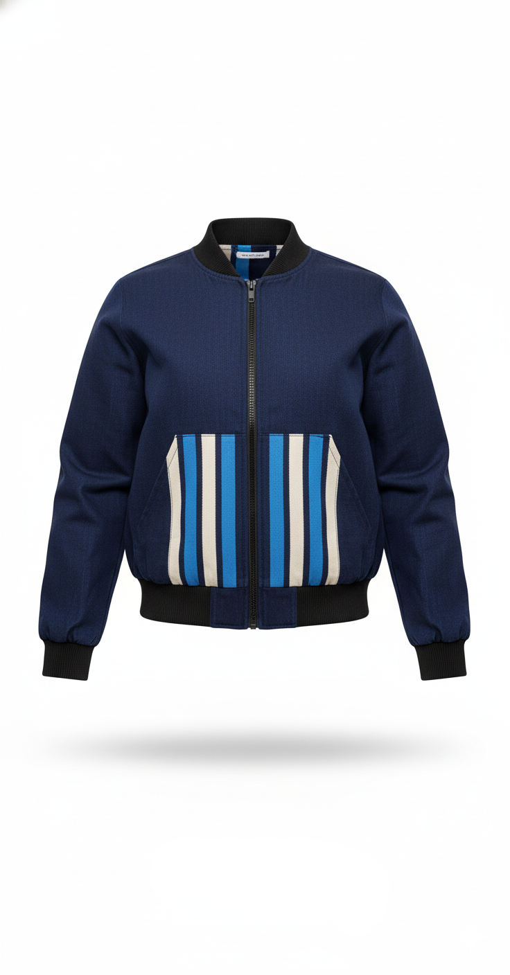 Navy blue aso oke jacket with a striped pattern on a white background