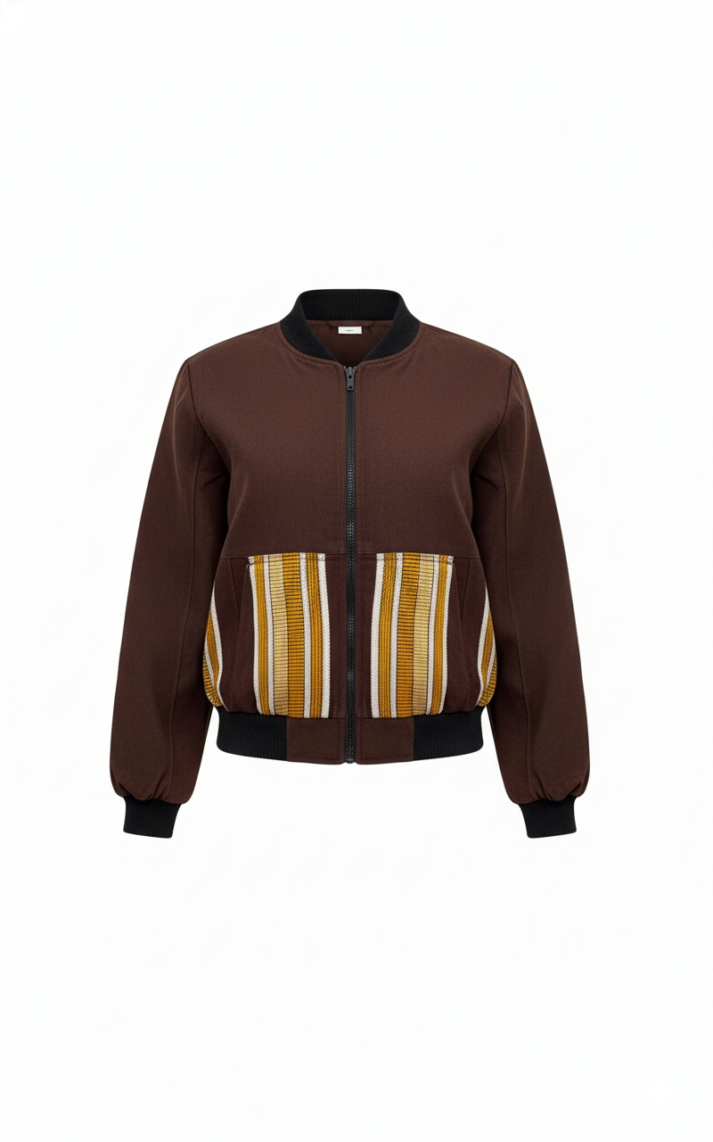 Brown aso oke jacket with a striped pattern on a white background