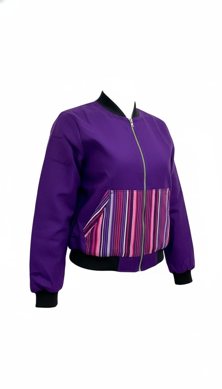 Purple aso oke jacket with a striped pattern on a white background