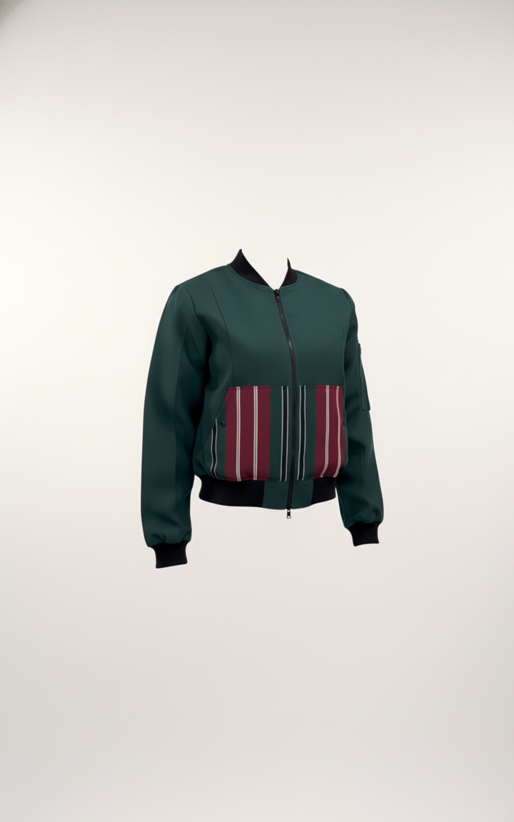 Green aso oke bomber jacket with red and white striped pattern on a white background