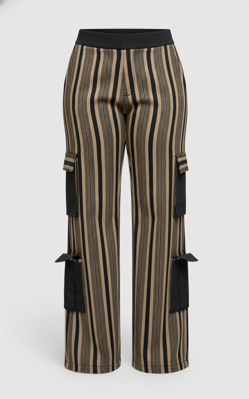 Striped pants with black accents on a white background