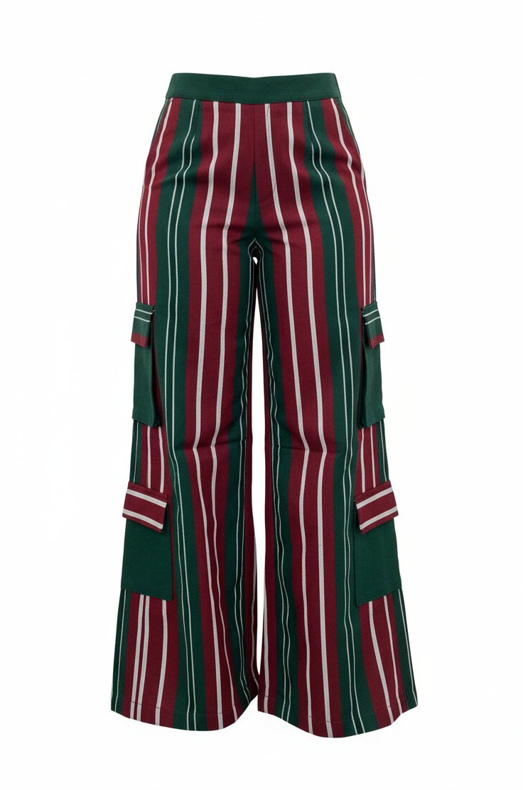 Striped pants with green, red, and white pattern on a white background