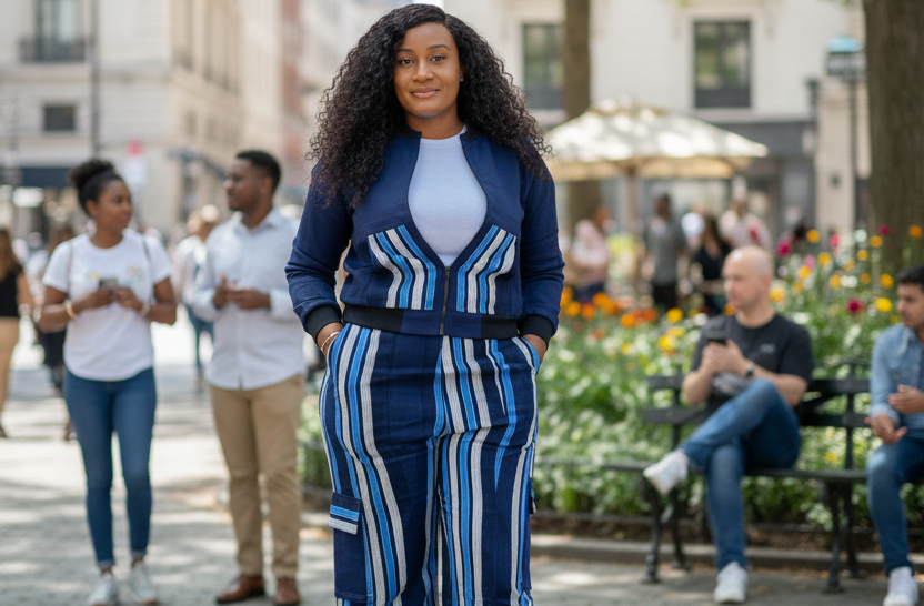 Woman in a blue striped aso oke street wear standing in an urban park setting
