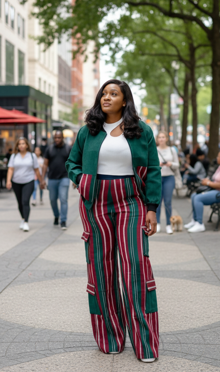 Woman in a green aso oke jacket and striped pants walking on a city street.