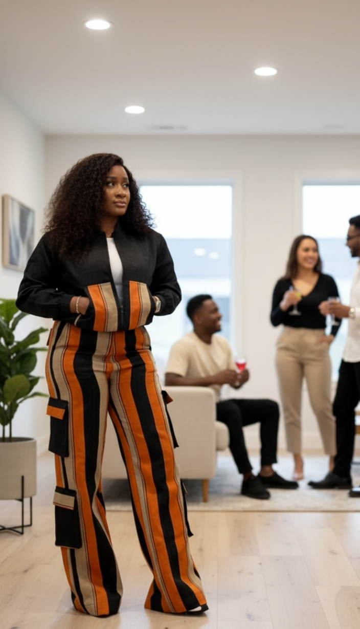 Woman in a striped aso oke outfit standing in a modern living room with three other people.