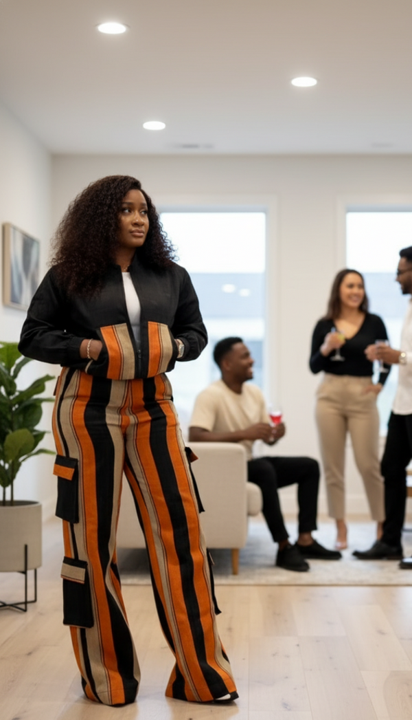 Woman in a striped aso oke outfit standing in a modern living room with three other people.