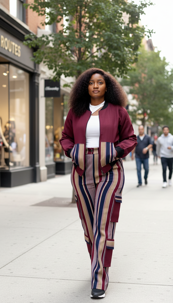 Woman in a stylish aso oke outfit walking on a city street.