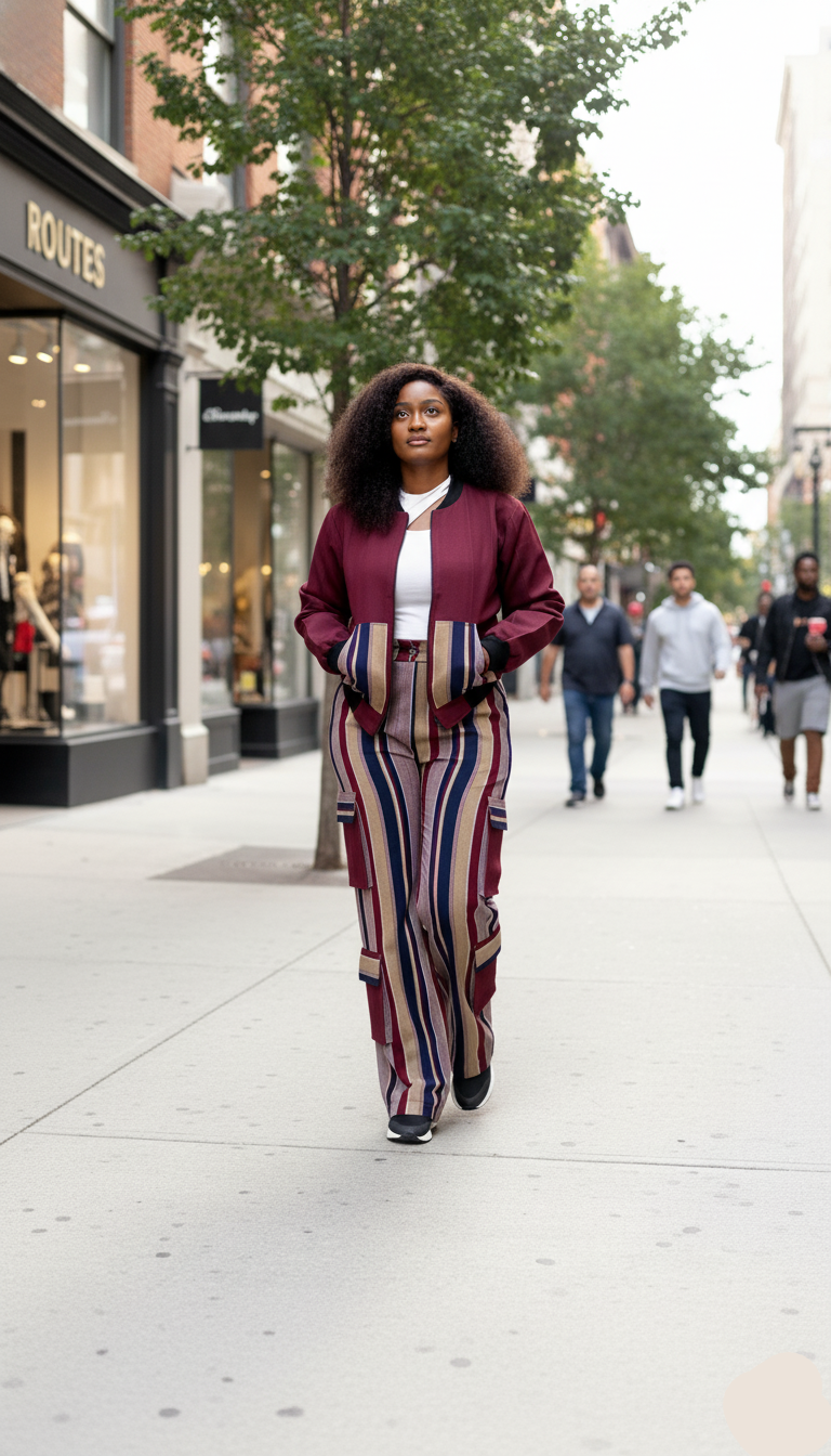 Woman walking on a city street wearing a burgundy jacket and striped pants.