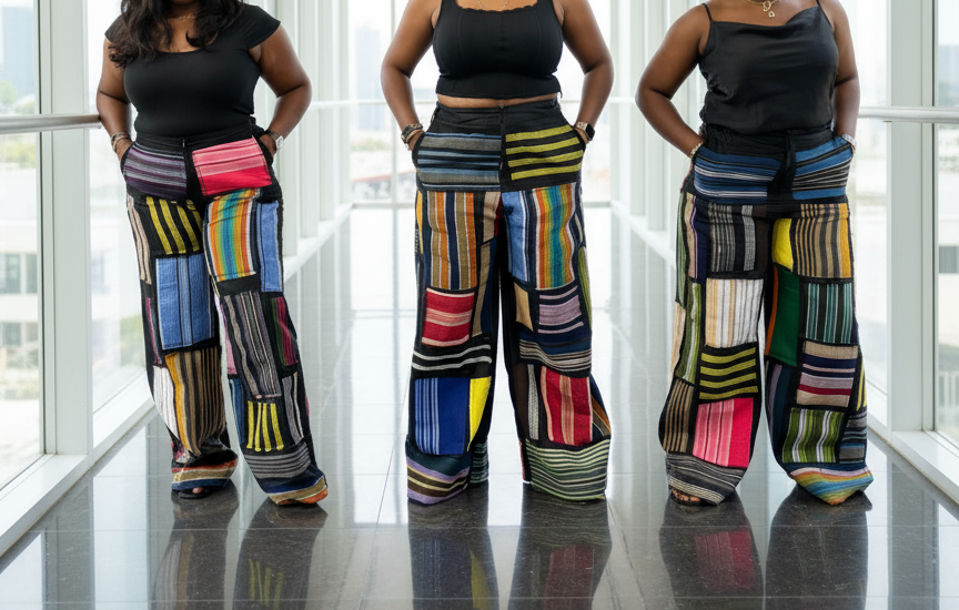 Three women wearing colorful aso oke patchwork pants in a modern building hallway.